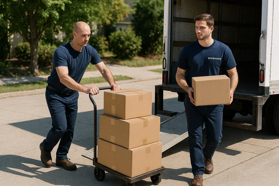 two movers unloading a van during a move from San Francisco to Los Angeles